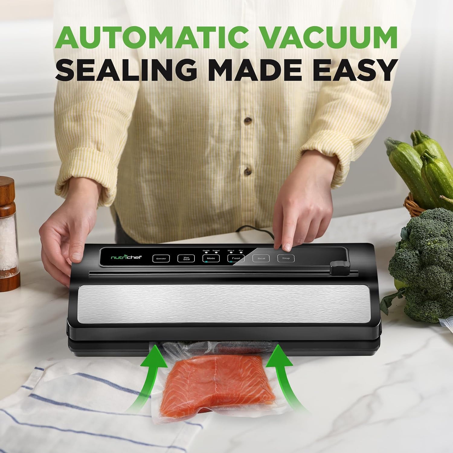 Vacuum Sealer | Automatic Vacuum Air Sealing System for Food Preservation W/ Starter Kit | Compact Design | Lab Tested | Dry & Moist Food Modes | Led Indicator Lights (Black), EWE