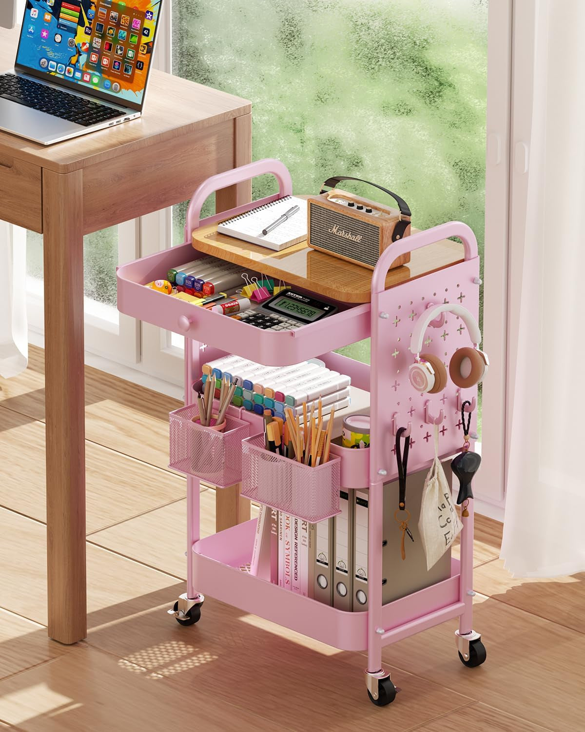 Rolling Cart with Drawer and Wood Table Top, 3 Tier Metal Rolling Utility Cart on Wheels with DIY Pegboards, Hanging Baskets,Hooks for Kitchen, Bedroom, Office, Craft Supplies
