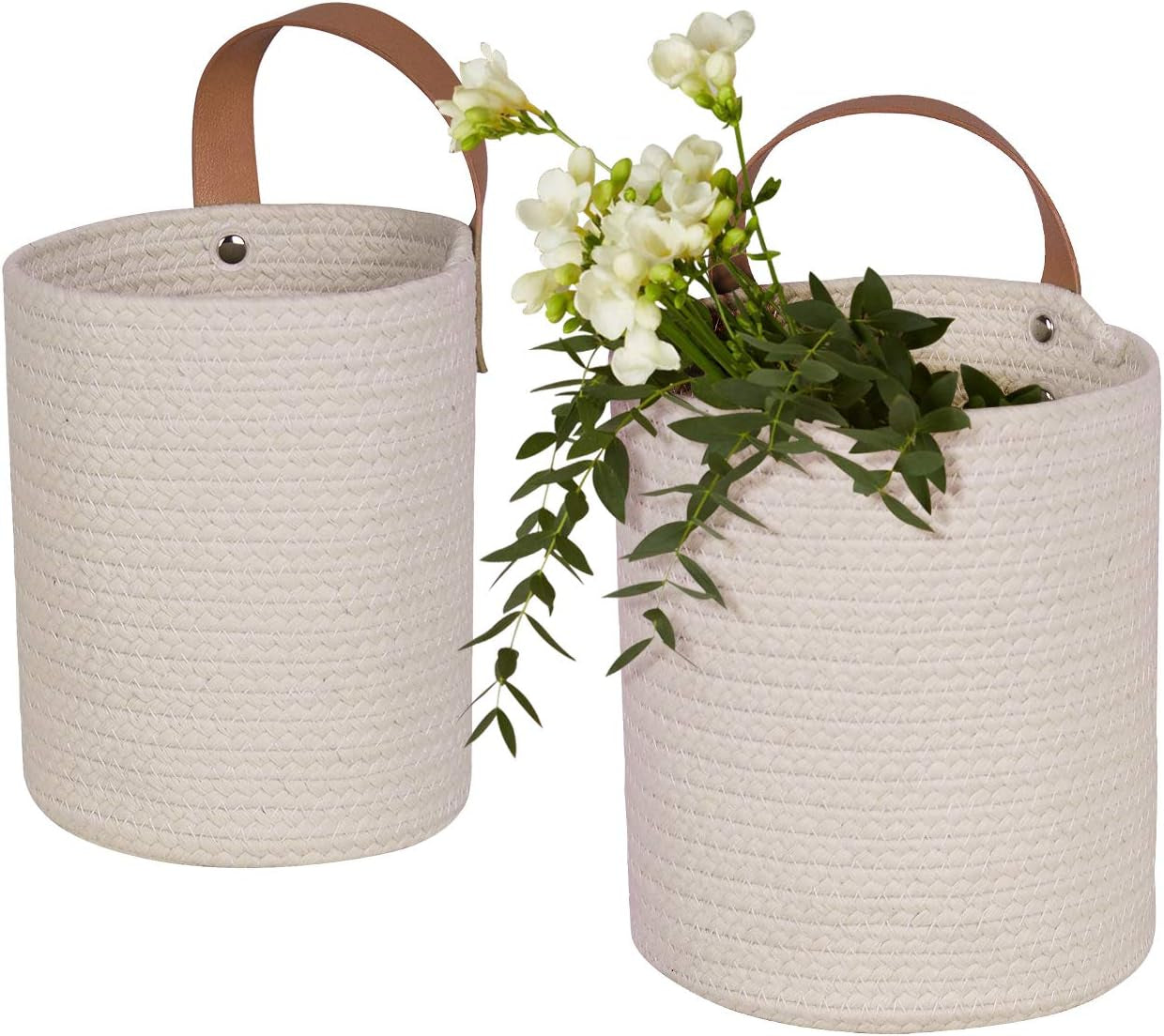 Wall Hanging Storage Baskets - Set of 2 Small Cotton Rope Handle Nursery Storage Organizer with Planters