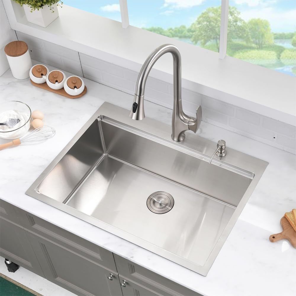 33 Inch Drop in Kitchen Sink Workstation -  33X22 Inch Topmount Single Bowl Workstation 16 Gauge Stainless Steel Drop-In Sinks,Round Corner Basin for Kitchen with Accessories