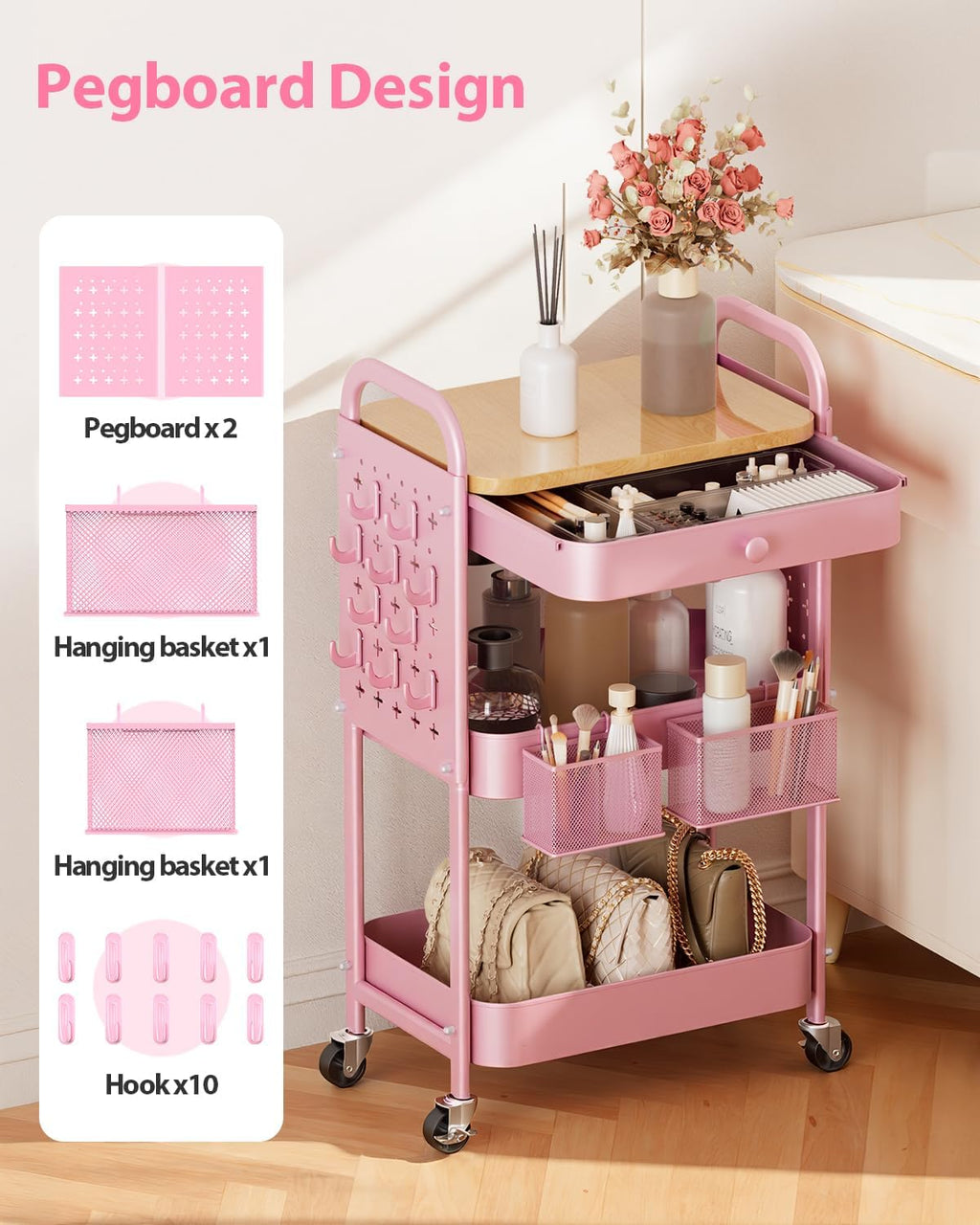 Rolling Cart with Drawer and Wood Table Top, 3 Tier Metal Rolling Utility Cart on Wheels with DIY Pegboards, Hanging Baskets,Hooks for Kitchen, Bedroom, Office, Craft Supplies