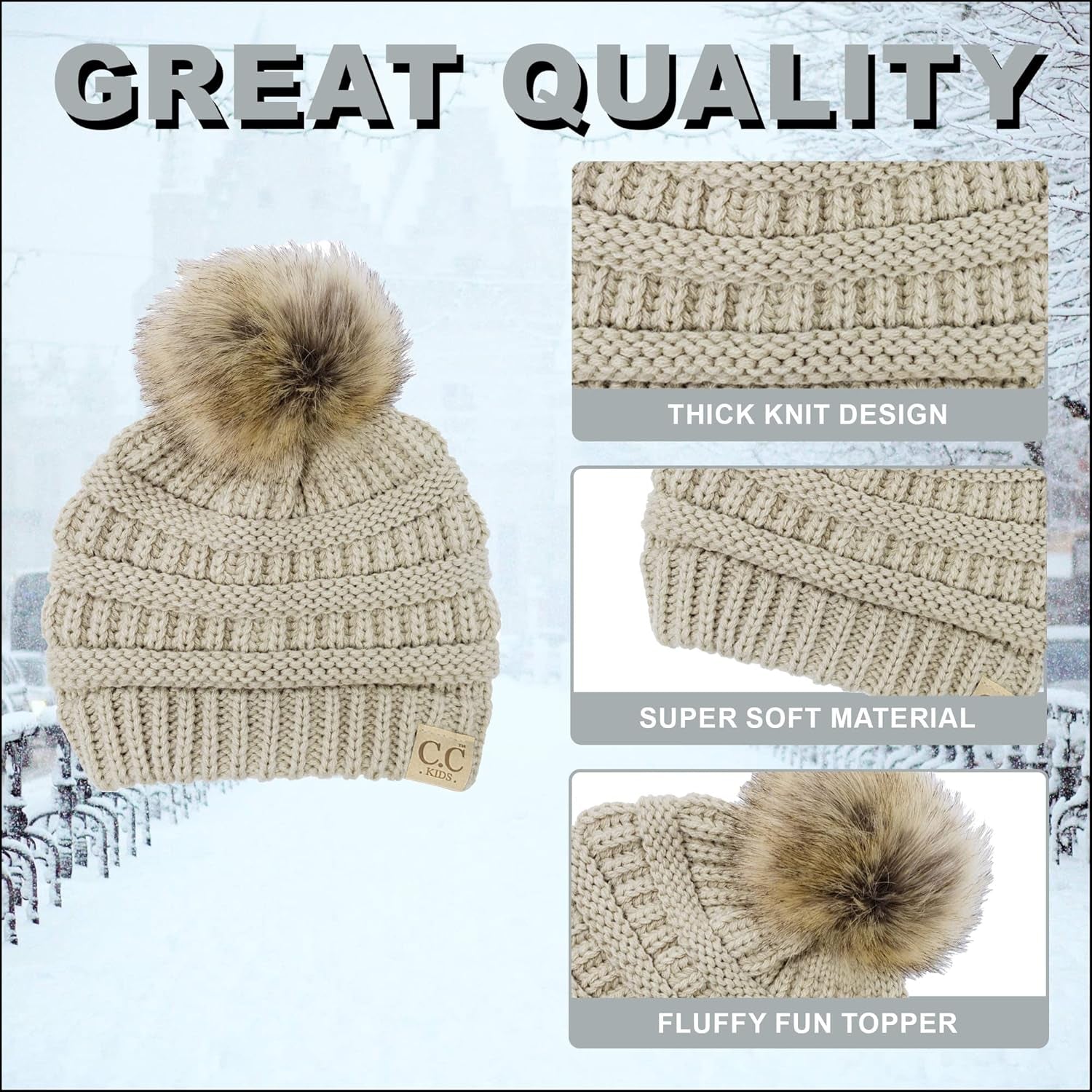 Cozy Toddler Cable Knit Pom Beanie - Warm Winter Hat for Kids