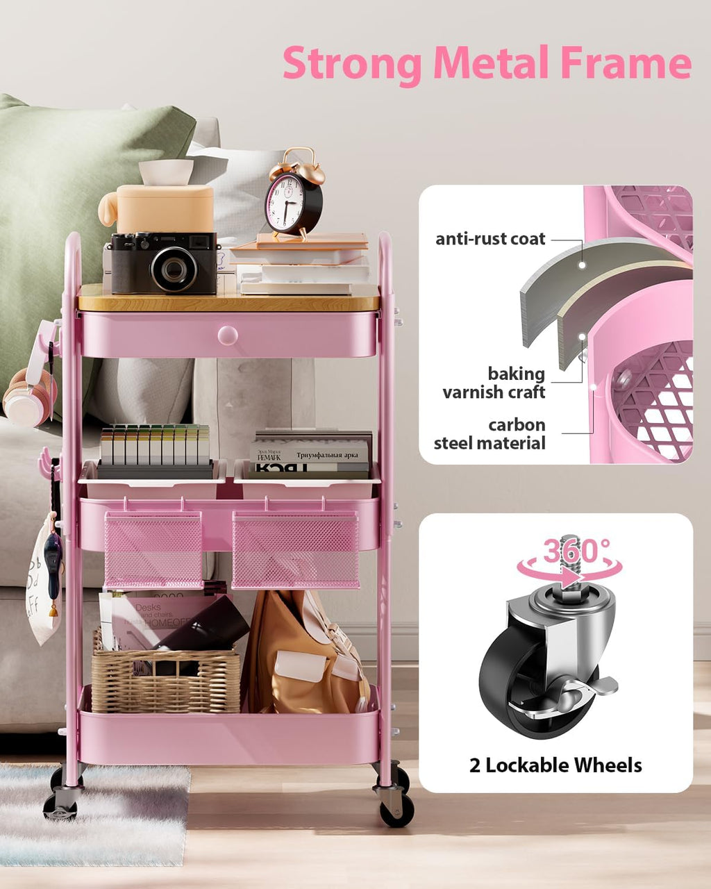 Rolling Cart with Drawer and Wood Table Top, 3 Tier Metal Rolling Utility Cart on Wheels with DIY Pegboards, Hanging Baskets,Hooks for Kitchen, Bedroom, Office, Craft Supplies