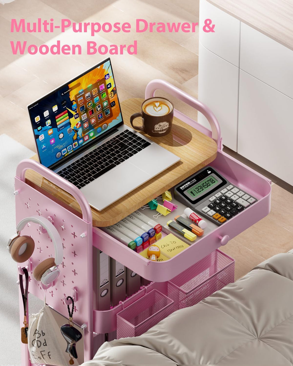 Rolling Cart with Drawer and Wood Table Top, 3 Tier Metal Rolling Utility Cart on Wheels with DIY Pegboards, Hanging Baskets,Hooks for Kitchen, Bedroom, Office, Craft Supplies