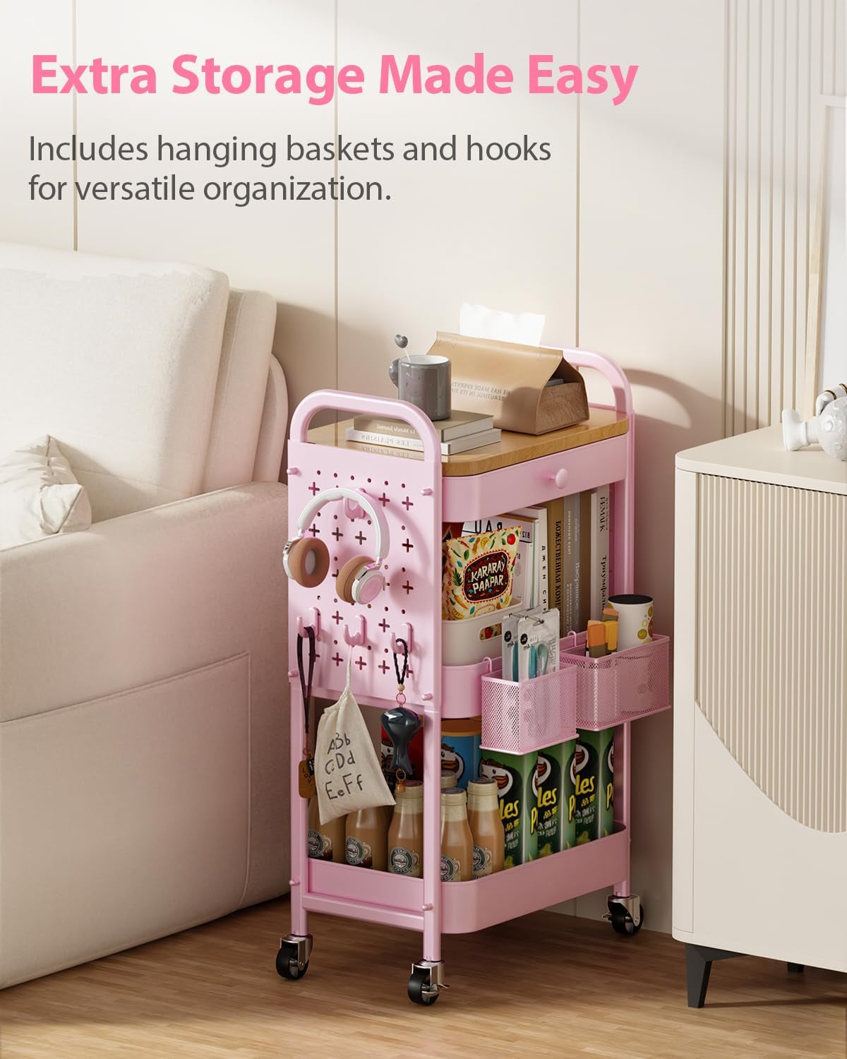 Rolling Cart with Drawer and Wood Table Top, 3 Tier Metal Rolling Utility Cart on Wheels with DIY Pegboards, Hanging Baskets,Hooks for Kitchen, Bedroom, Office, Craft Supplies