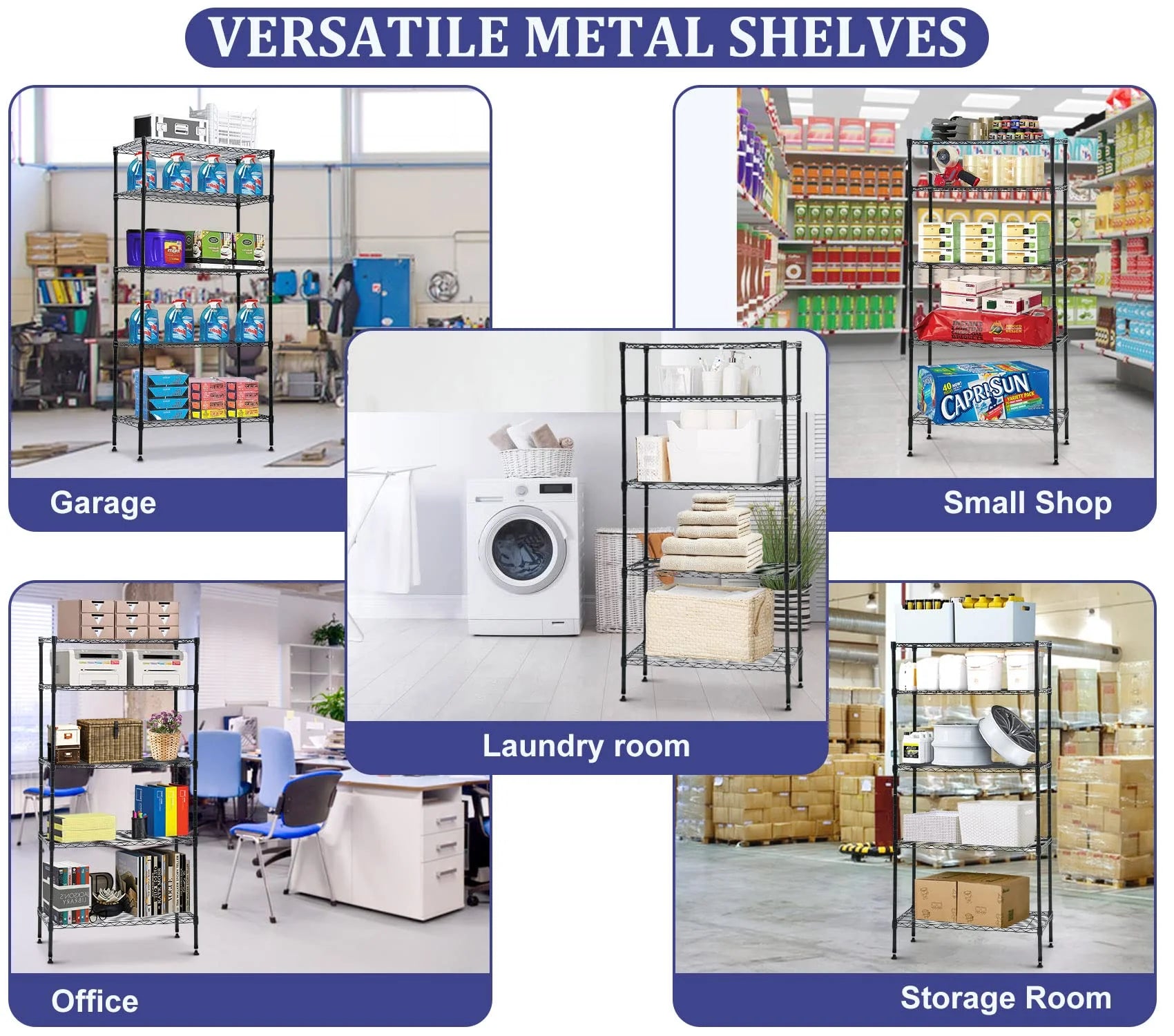 5 Tier Storage Shelves, 1250 Lbs Capacity Heavy Duty Wire Shelving Unit, NSF Metal Shelf, Adjustable Storage Rack for Garage Pantry Kitchen Office Laundry- 14" D X 36" L X72 H, Black