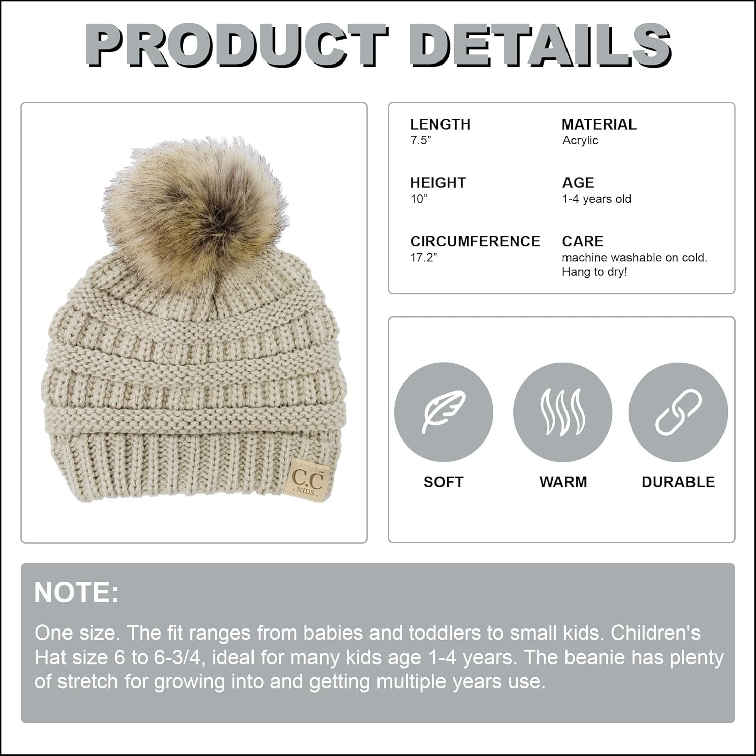 Cozy Toddler Cable Knit Pom Beanie - Warm Winter Hat for Kids