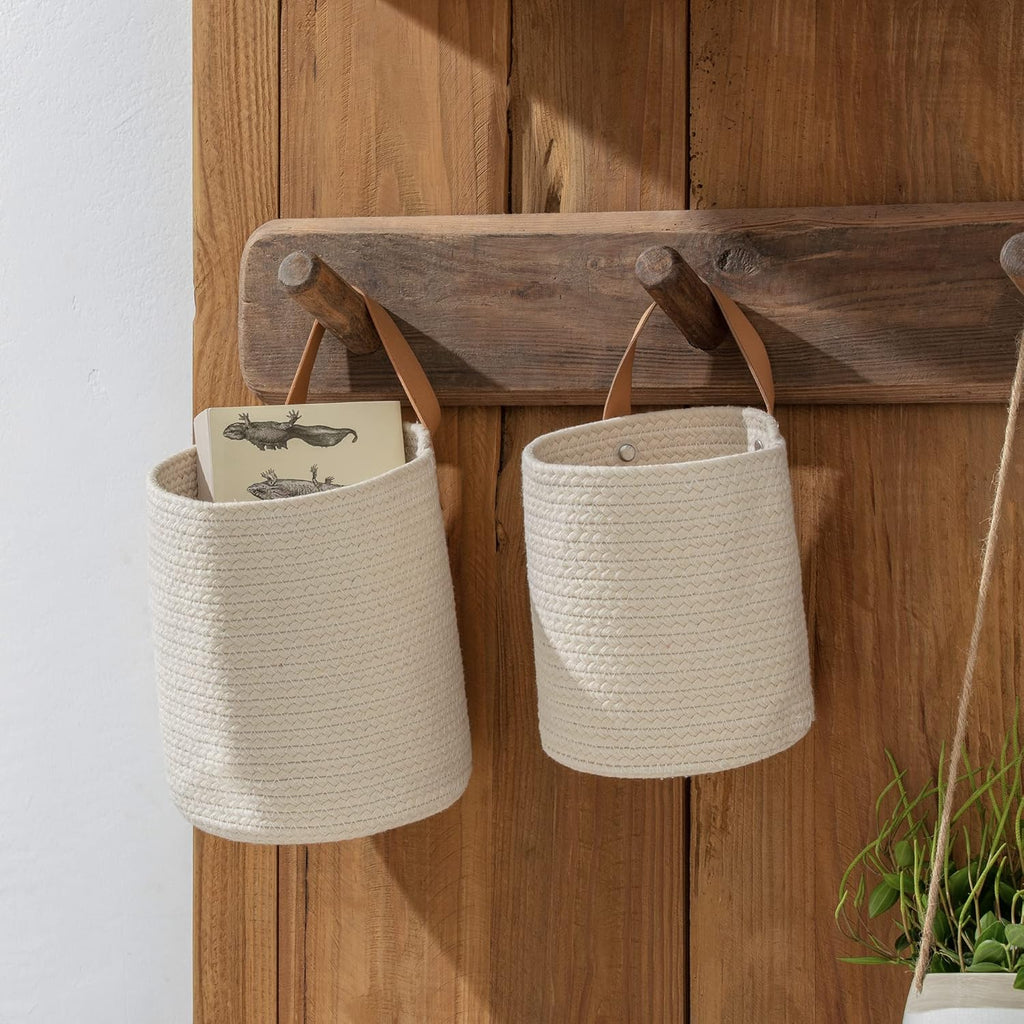 Wall Hanging Storage Baskets - Set of 2 Small Cotton Rope Handle Nursery Storage Organizer with Planters