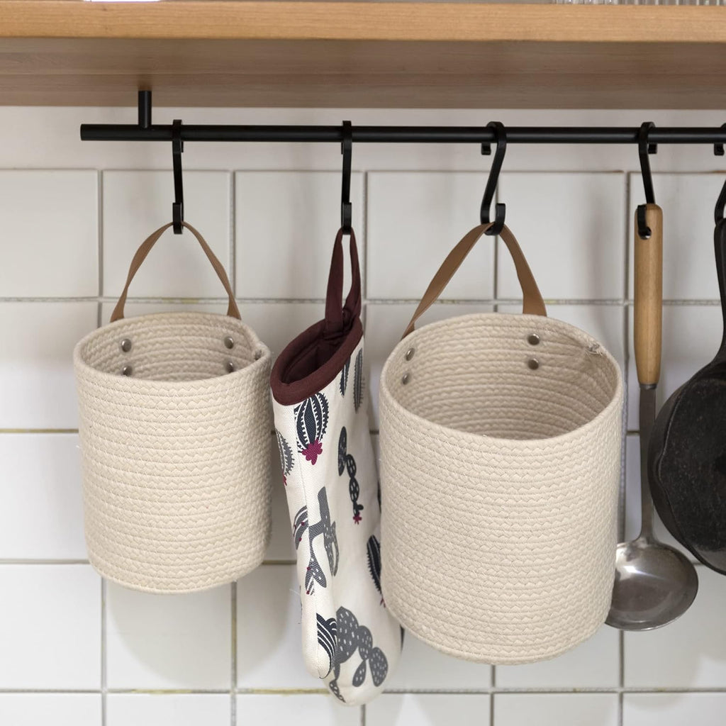 Wall Hanging Storage Baskets - Set of 2 Small Cotton Rope Handle Nursery Storage Organizer with Planters