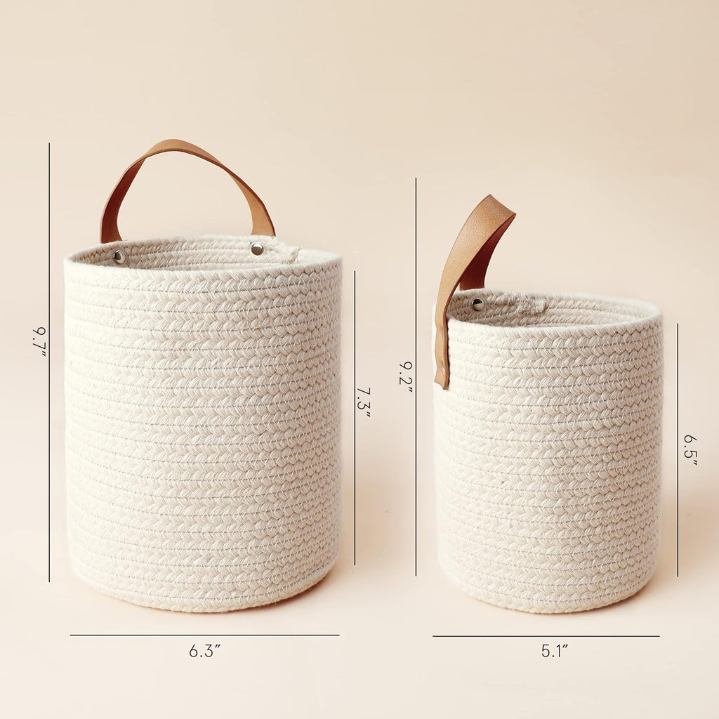 Wall Hanging Storage Baskets - Set of 2 Small Cotton Rope Handle Nursery Storage Organizer with Planters