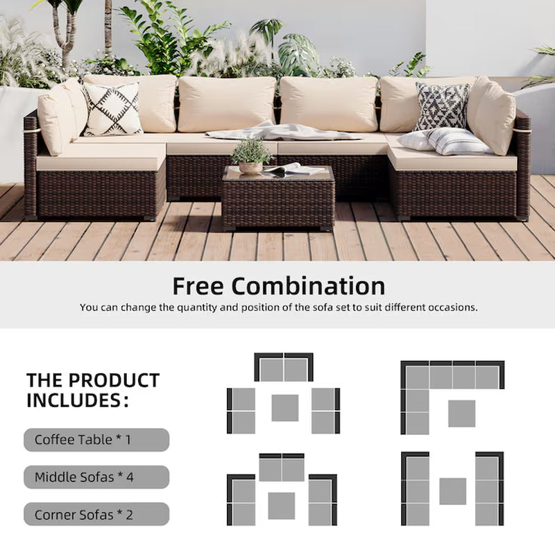 7 -Piece Rattan Patio Conversation Set with Beige Cushions