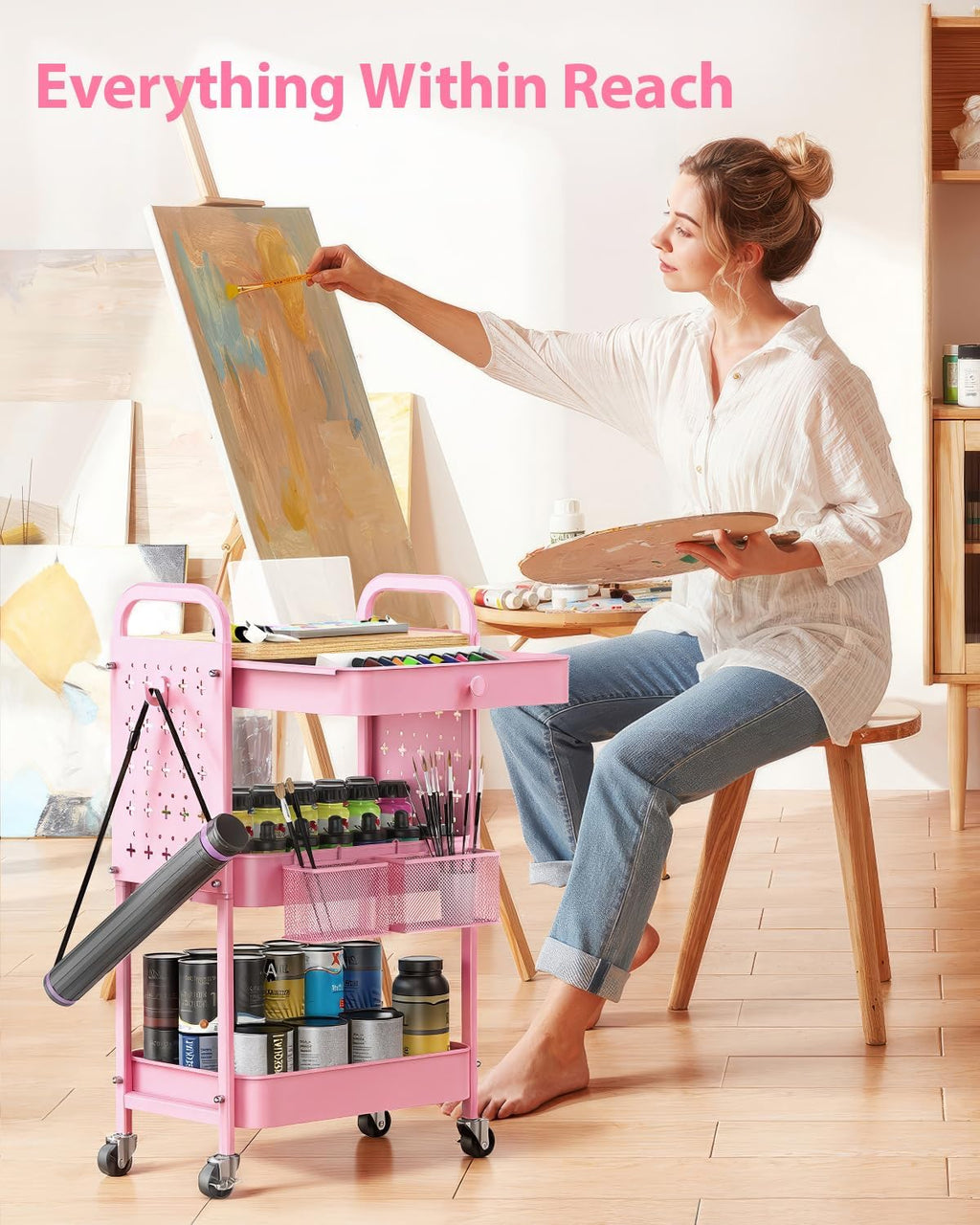 Rolling Cart with Drawer and Wood Table Top, 3 Tier Metal Rolling Utility Cart on Wheels with DIY Pegboards, Hanging Baskets,Hooks for Kitchen, Bedroom, Office, Craft Supplies