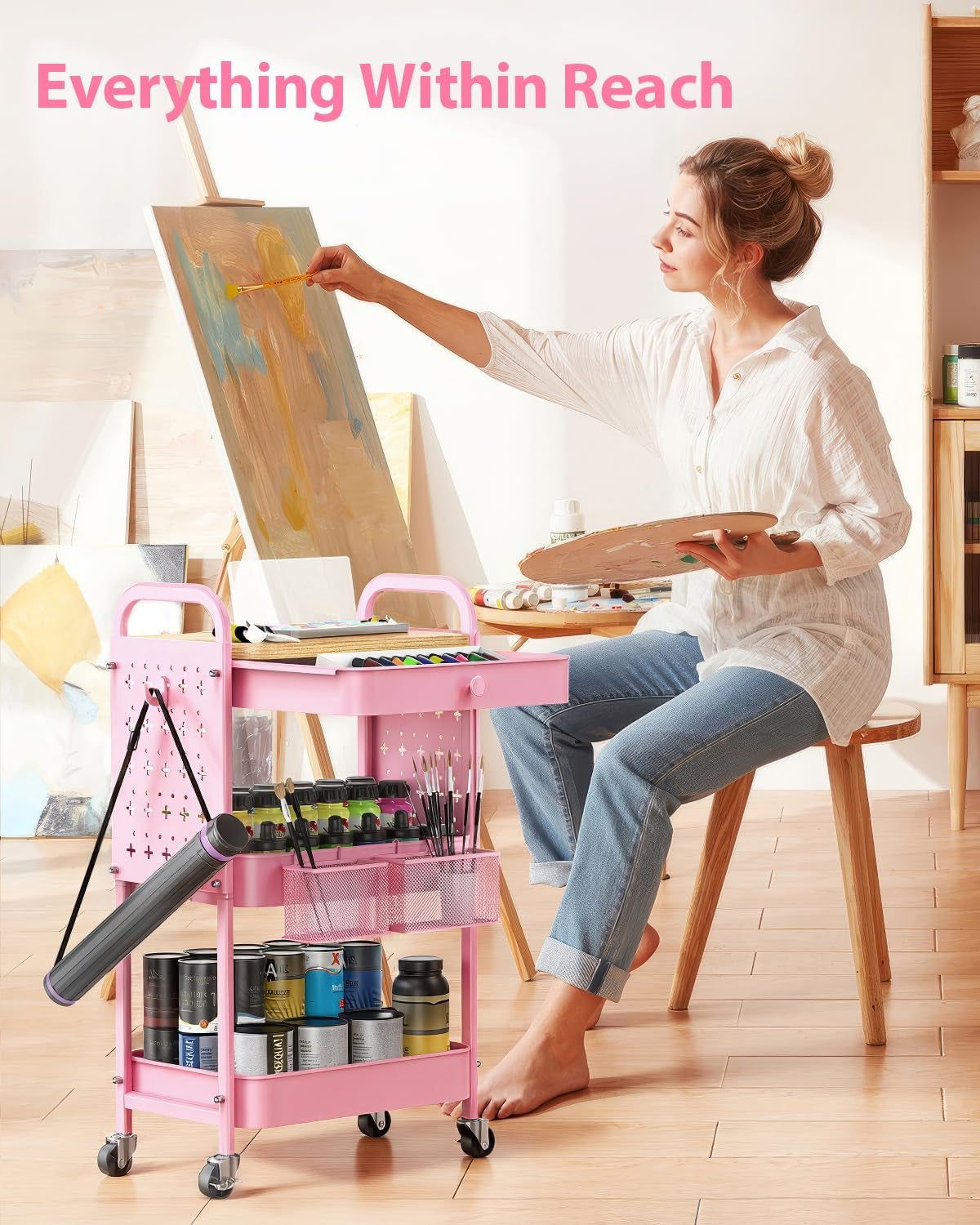 Rolling Cart with Drawer and Wood Table Top, 3 Tier Metal Rolling Utility Cart on Wheels with DIY Pegboards, Hanging Baskets,Hooks for Kitchen, Bedroom, Office, Craft Supplies