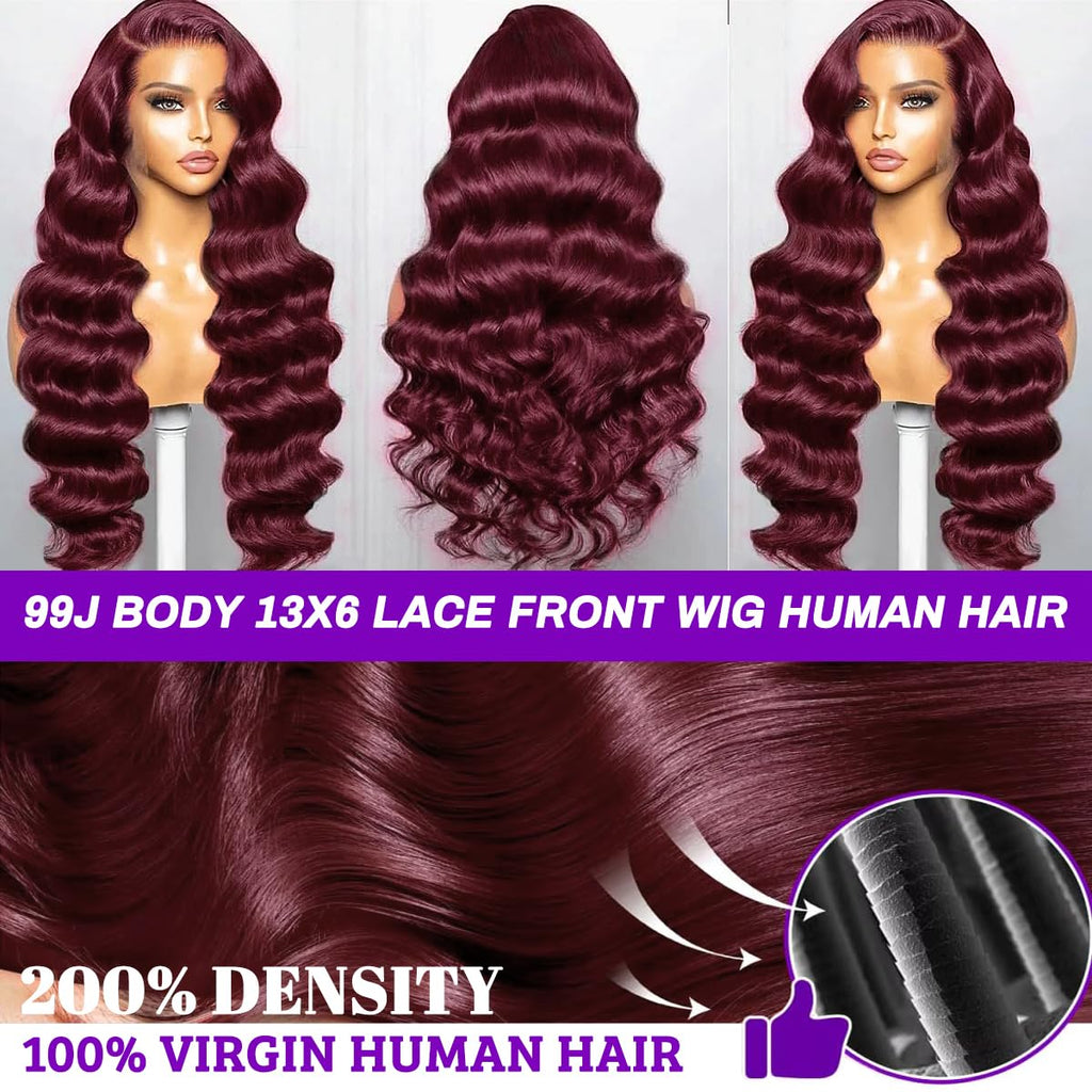 26 Inch 99J Burgundy Lace Front Wigs Human Hair Pre Plucked 200% Density Body Wave Lace Front Wigs Human Hair Red Wig HD Transparent Full Frontal 13X6 Glueless Colored Natural Wig for Woman
