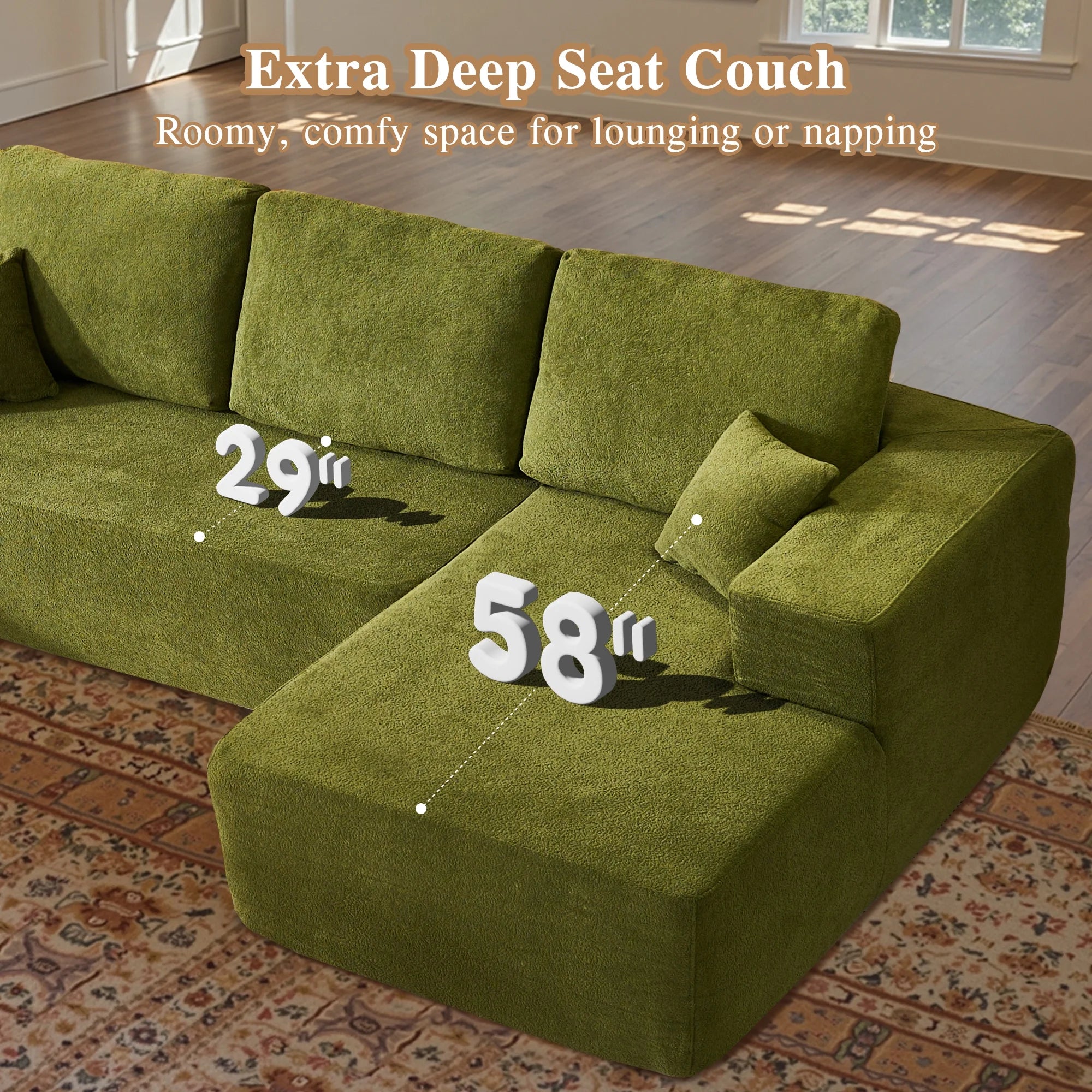 106" L-Shaped Sectional Sofa Modern Modular Cloud Couch with Deep Seating Upholstered Sofa for Living Room Bedroom, No Assembly Required, Green(Sherpa)