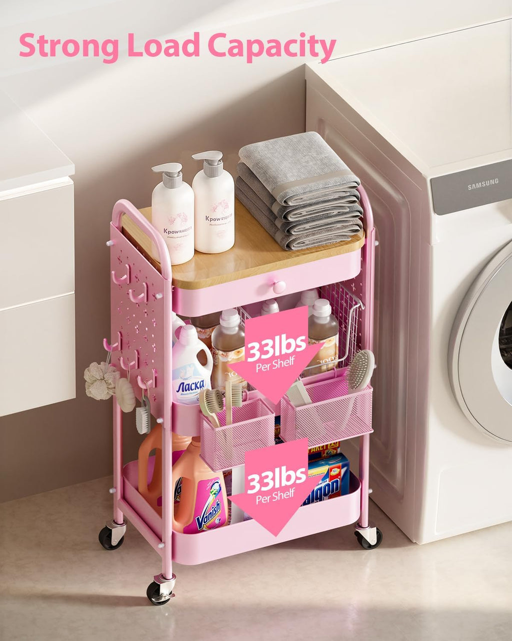 Rolling Cart with Drawer and Wood Table Top, 3 Tier Metal Rolling Utility Cart on Wheels with DIY Pegboards, Hanging Baskets,Hooks for Kitchen, Bedroom, Office, Craft Supplies