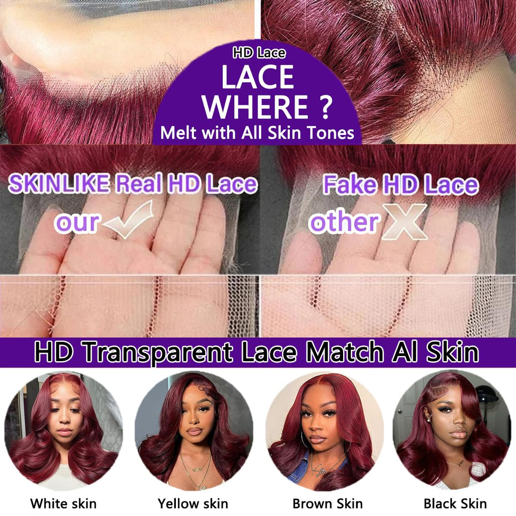 26 Inch 99J Burgundy Lace Front Wigs Human Hair Pre Plucked 200% Density Body Wave Lace Front Wigs Human Hair Red Wig HD Transparent Full Frontal 13X6 Glueless Colored Natural Wig for Woman