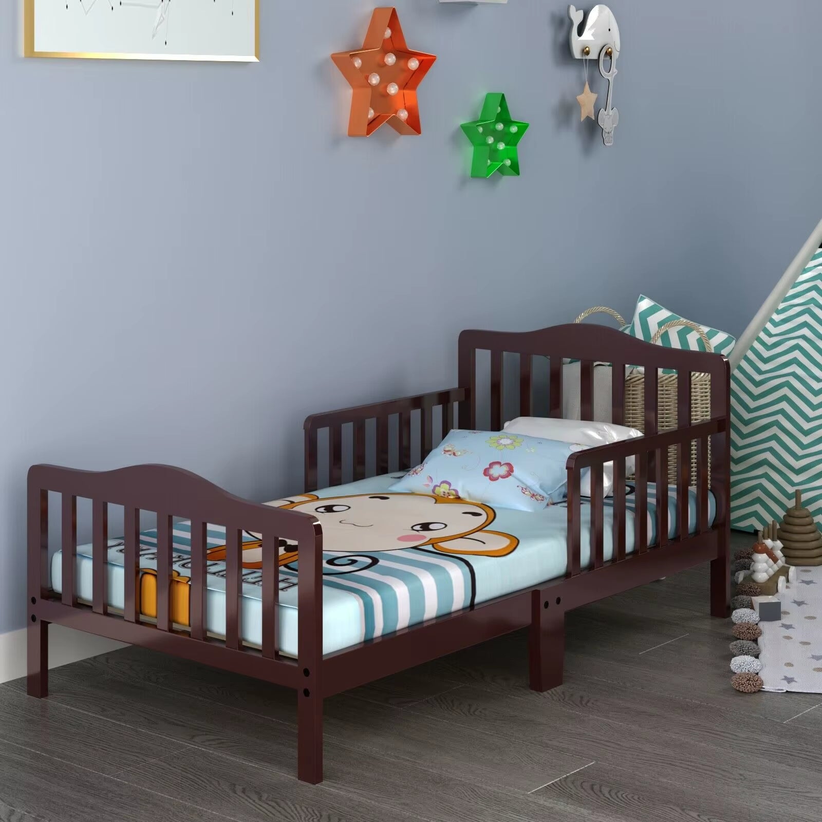 Classic Kids Children Toddler Wood Bed Bedroom Furniture W/ Guardrails