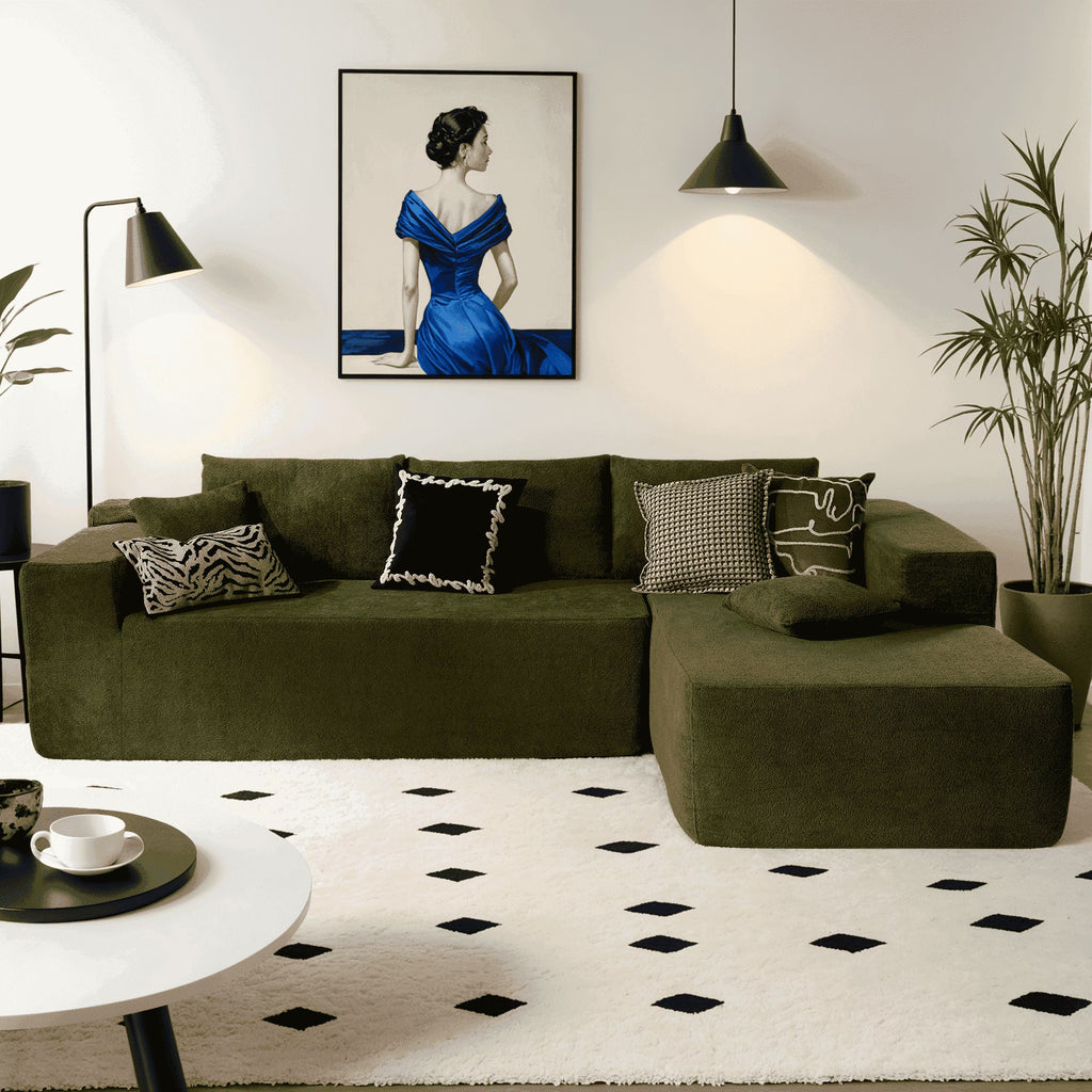 106" L-Shaped Sectional Sofa Modern Modular Cloud Couch with Deep Seating Upholstered Sofa for Living Room Bedroom, No Assembly Required, Green(Sherpa)