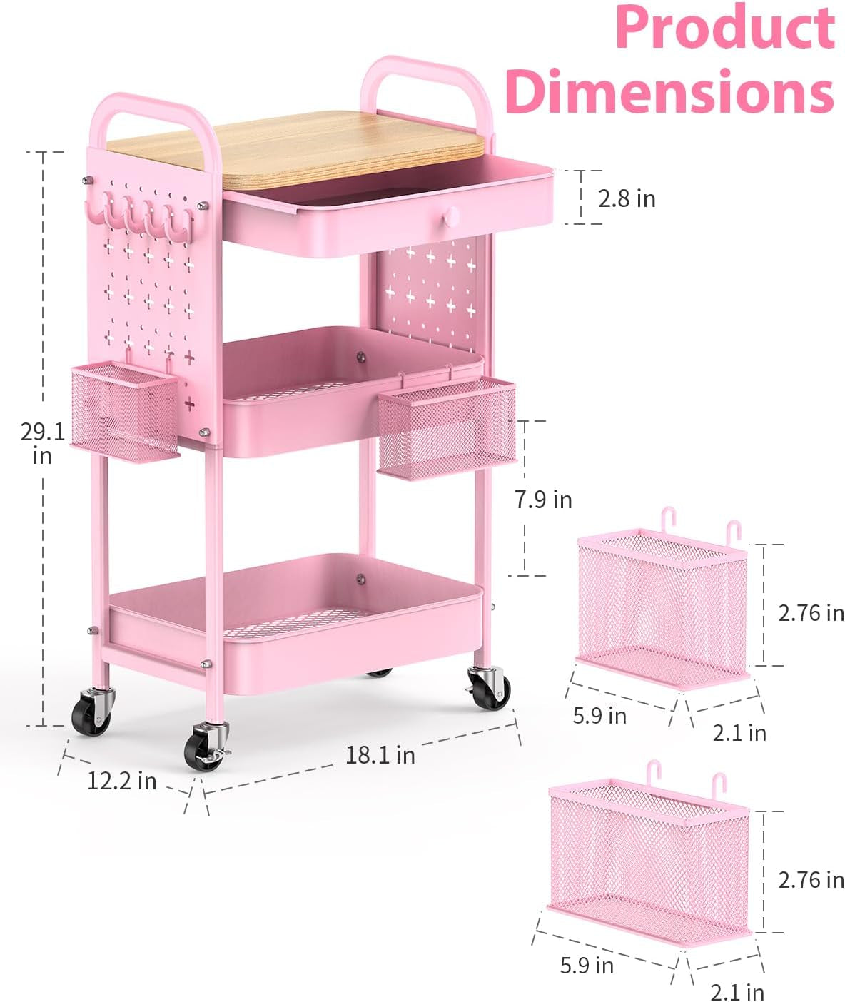 Rolling Cart with Drawer and Wood Table Top, 3 Tier Metal Rolling Utility Cart on Wheels with DIY Pegboards, Hanging Baskets,Hooks for Kitchen, Bedroom, Office, Craft Supplies